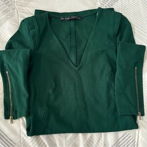 ZARA BASIC Green formal / cocktail dress with shoulder pads & sleeve zippers
